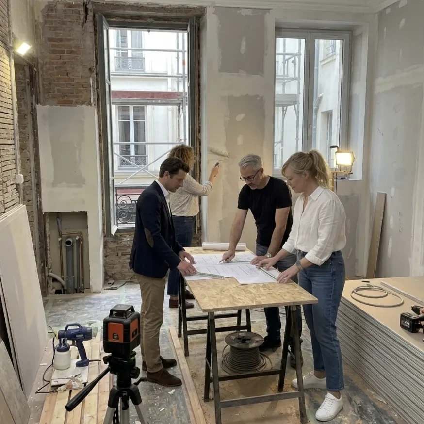 Équipe Squared Sphere — lecture de plans sur chantier haussmannien Paris