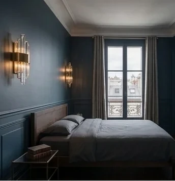 Chambre principale — boiseries laquées bleu nuit, appliques cristal et laiton, tête de lit intégrée.