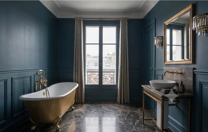 Variante bleu nuit — baignoire îlot sur pieds laiton, sol marbre, double point d'eau.
